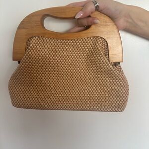 Elegant Tan Woven Handbag with Wooden Handle